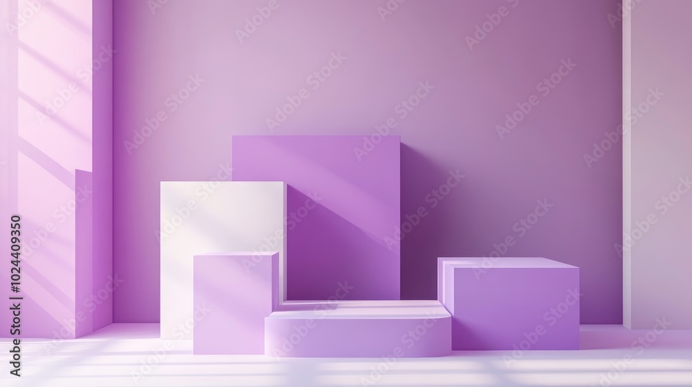 Aufkleber 3D geometric shapes in purple violet and white create a minimal studio background with square podiums Abstract illustration for showcasing cosmetic or fashion products