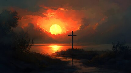 A silhouette of a cross stands tall against a fiery sunset over a lake.