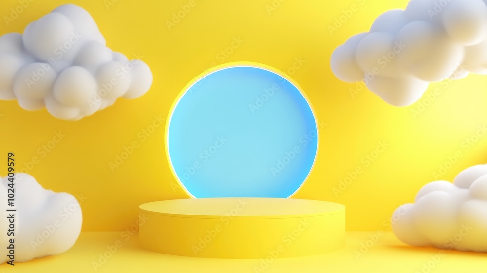 Aufkleber 3D render featuring an abstract yellow background with white clouds and a blue circular opening A minimalist geometric display scene with an empty podium for presenting products