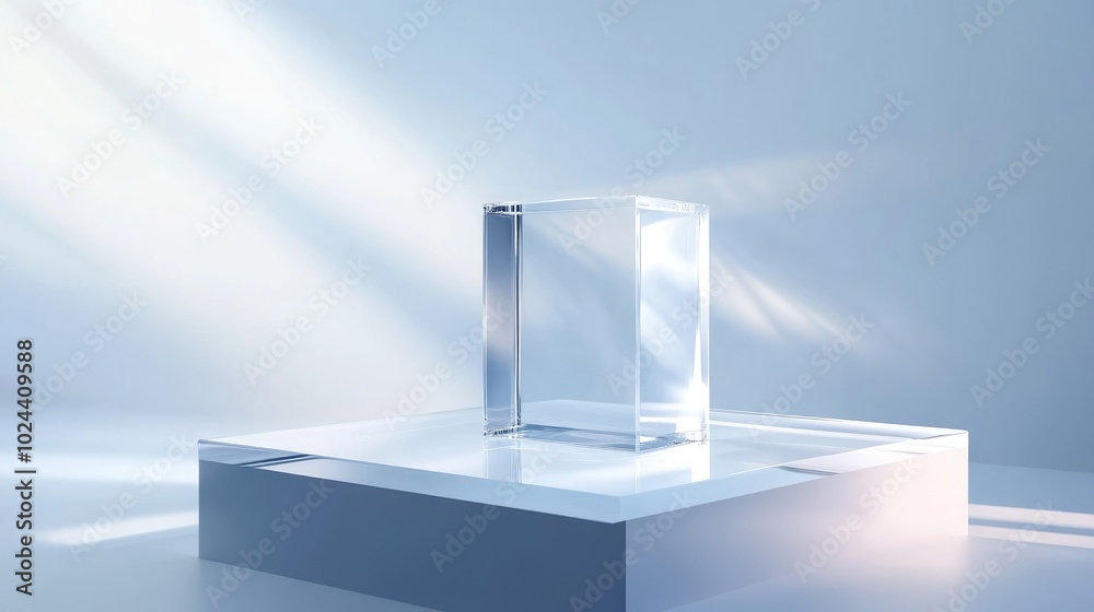 Poster 3d glass display background with a clear podium for showcasing products featuring a crystal rendered