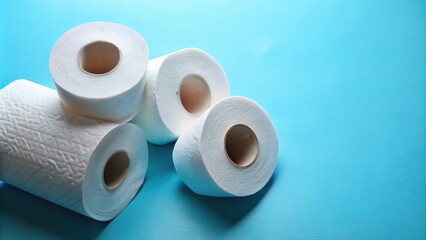 Toilet paper rolls on blue background with copy space, aerial view