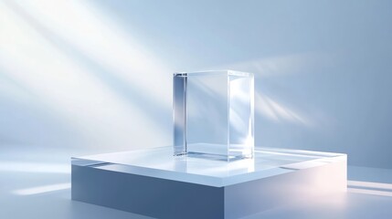3D glass display background with a clear podium for showcasing products featuring a crystal rendered square box