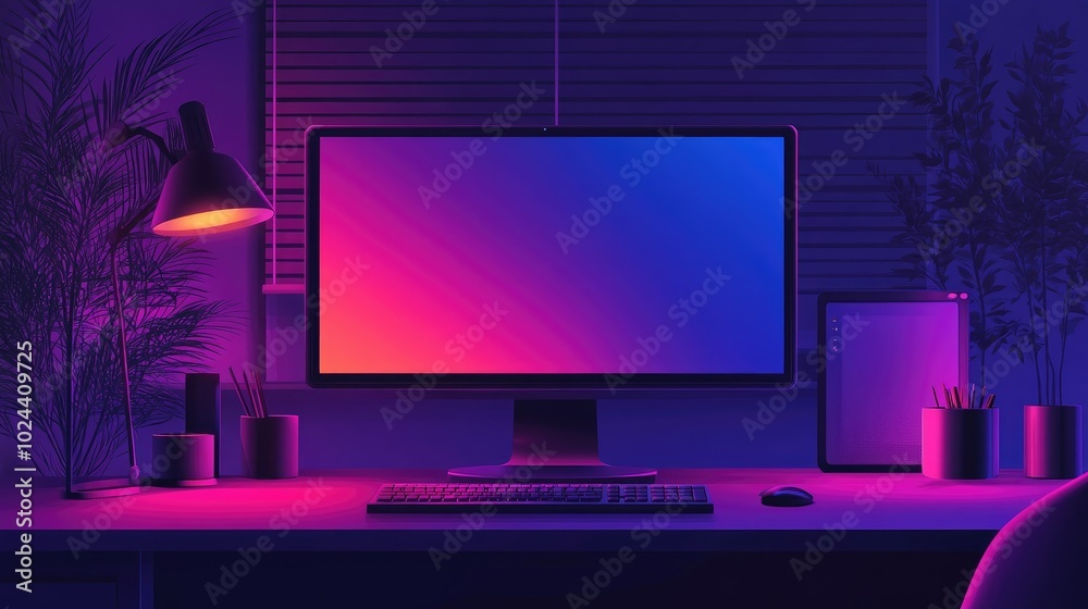 Poster Abstract Illustration Of A Computer On A Desk With Colorful Lights And Reflections On The Display Blank Screen For Creative Space Modern Design