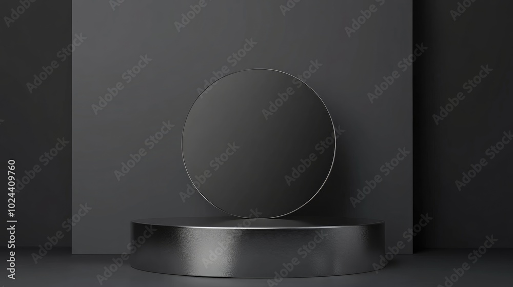 Poster 3d podium display with silver pedestal and blank backdrop for product presentation