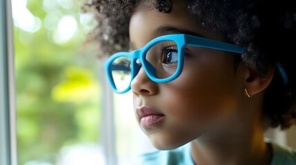 Fototapeta premium Young child wearing blue glasses focusing on distant tree outside window, symbolizing myopia prevention and importance of outdoor activities