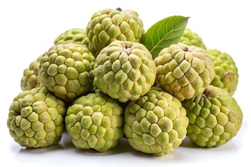 Fototapeta premium Custard apple with leaves stems on white background