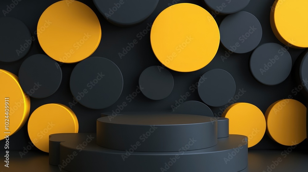 Poster 3D rendering background featuring a podium with yellow circles