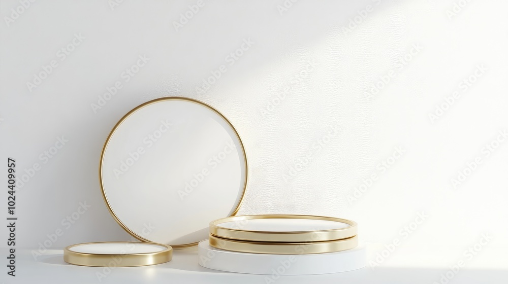 Poster clean white and gold product pedestal on a white background featuring a gold frame and a memorial bo