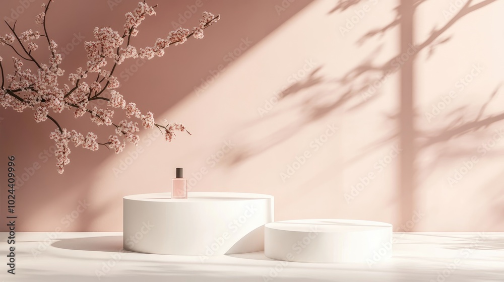 Aufkleber Abstract backdrop featuring white podiums Geometric forms for a contemporary pedestal presentation of cosmetics Unoccupied space mockup design with a studio platform template 3D rendering effect