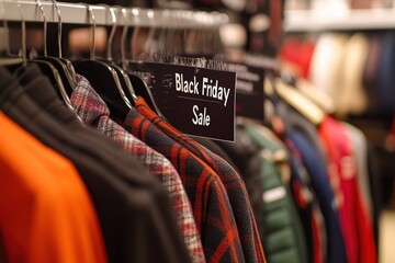 Sale Posters in Clothing Store: Bright "Black Friday Sale" posters hung throughout a clothing store, with racks of trendy winter outfits marked down.