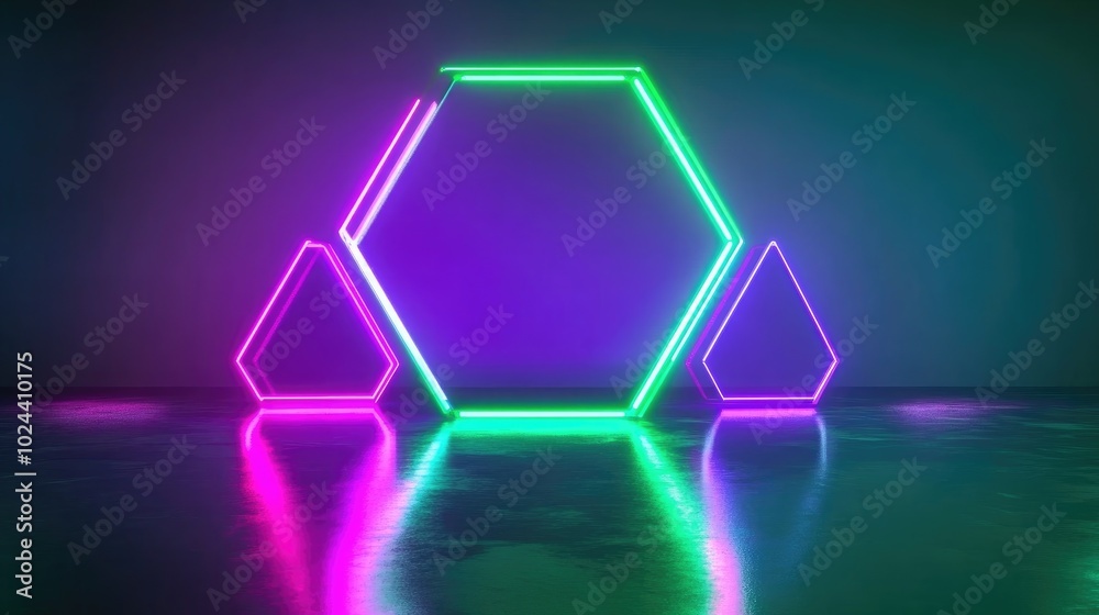 Aufkleber ai generated abstract geometric shapes octagon and hexagon in green and purple neon light trendy dec