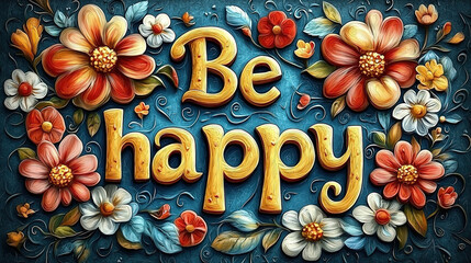 Be happy inspirational message surrounded by colorful flowers