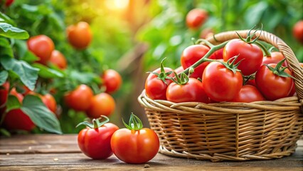 Tomatoes in a basket with a tomato plant in background macro