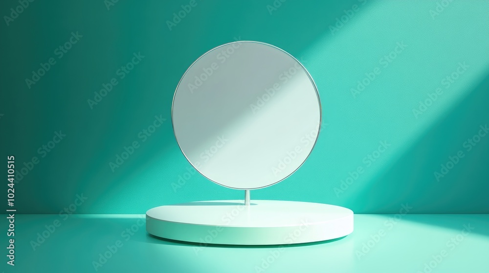 Poster blank white podium on a pastel blue green background with reflections and shadows in a 3d rendering