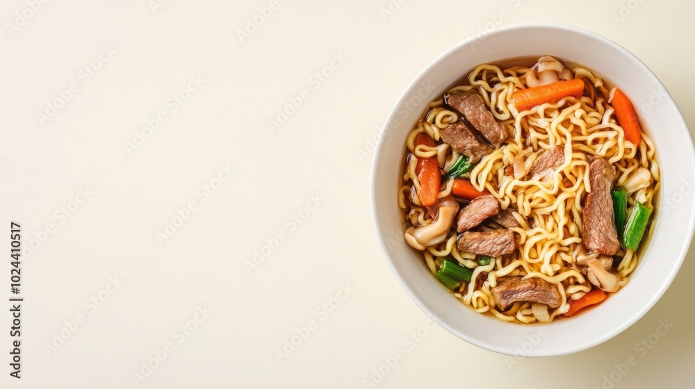 Poster Bowl of Asian noodles with pork vegetables and mushrooms viewed from above with empty space for text