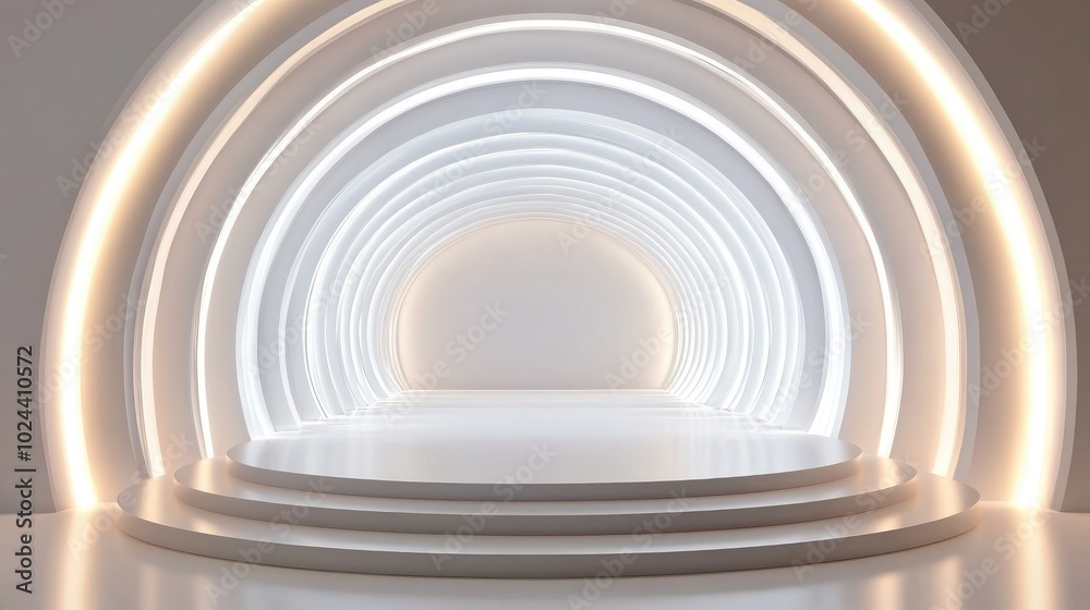 Aufkleber Abstract background featuring a white circular tunnel podium Reflected light on the stage 3D rendering