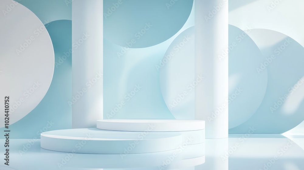 Poster 3d abstract studio space featuring a pedestal podium white and pastel blue geometric platform with o