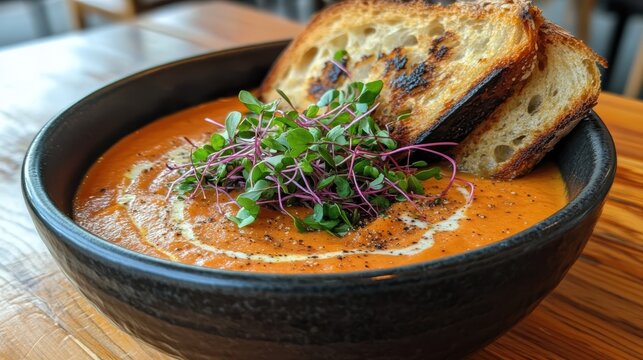 Creamy tomato soup with toasted bread fresh microgreens - Powered by Adobe