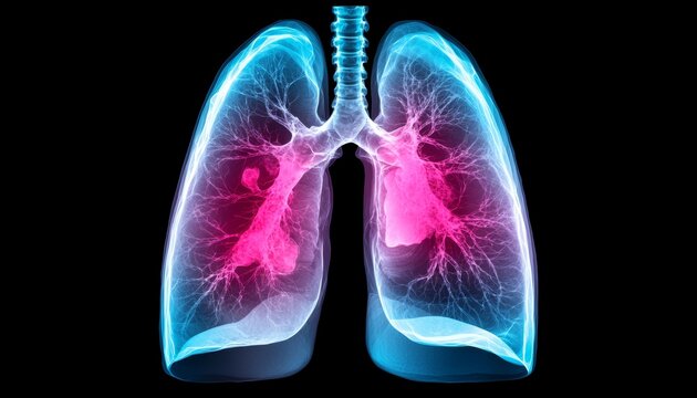 A digital X-ray scan of the lungs showing the spread of cancer along the bronchi, with blackened areas indicating collapsed alveoli and scar tissue.