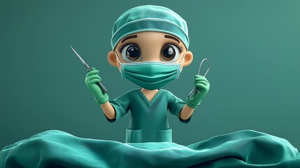 Cute Cartoon Doctor Character in Surgical Gown with Scalpel and Forceps