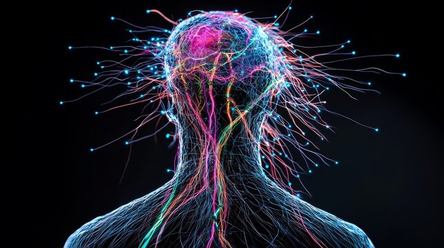 A dynamic visualization of the nervous system connecting the brain to the body's muscles, with electrical impulses lighting up the pathways in a colorful array.
