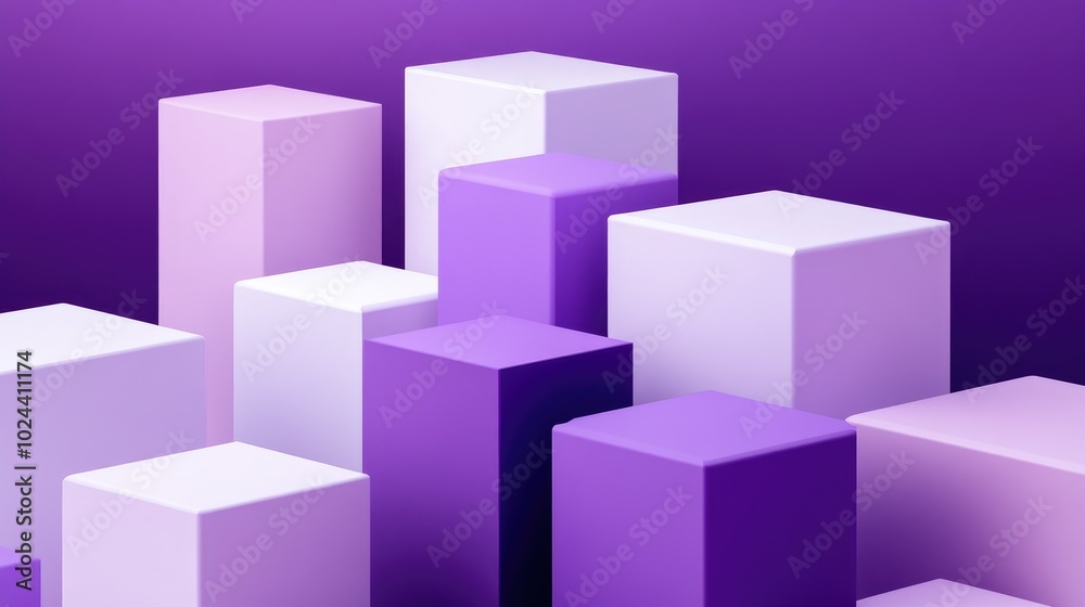 Poster 3d geometric shapes featuring purple violet and white cubes on a minimal podium background abstract 