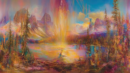Obraz premium Abstract landscape with bold, layered mountain ranges, highlighted with shimmering gold. A tranquil lake mirrors the trees and mountains under a colorful sunset.
