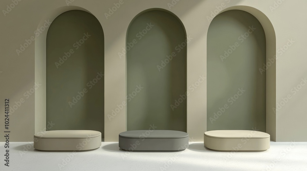 Aufkleber 3D rendering of four minimalistic empty podiums or pedestals featuring a blank display shelf for showcasing products