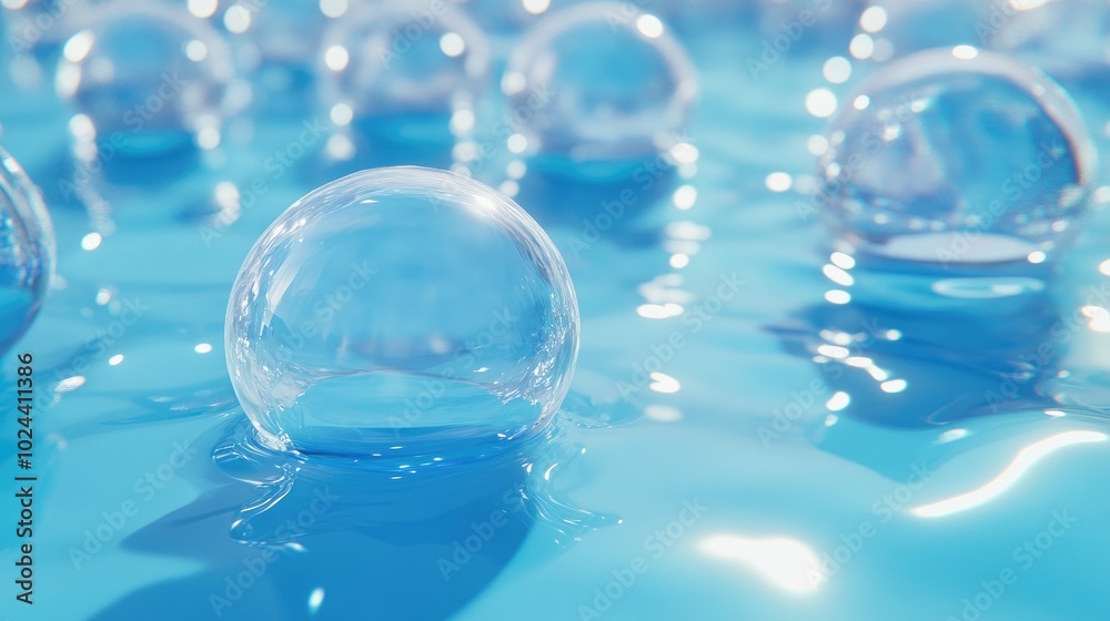 Poster 3D rendering of glass bubbles arranged in a setting resembling a blue swimming pool featuring light reflections