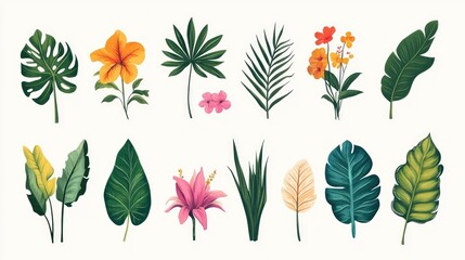 Obraz premium Boho Tropical Illustration Set Of Exotic Plants Leaves And Flowers Modern Botanical Collection With Textures And Prints Natural Vintage Design Elements