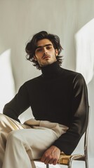 Fototapeta premium A man in a black shirt and white pants sits in a chair