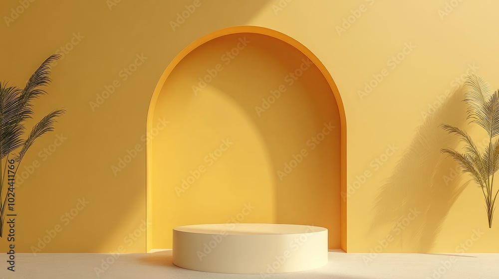 Aufkleber Abstract yellow backdrop featuring a geometric podium for product display Minimalist design 3D rendering