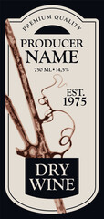 Vector wine label with grapevine, grape leaf and calligraphic inscription in retro style in figured frame. Dry white fortified © paseven