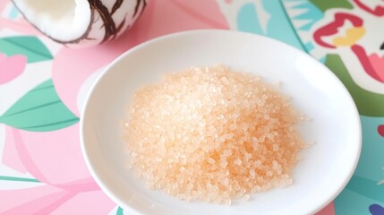 Close Up of Granulated Coconut Blossom Sugar on White Plate
