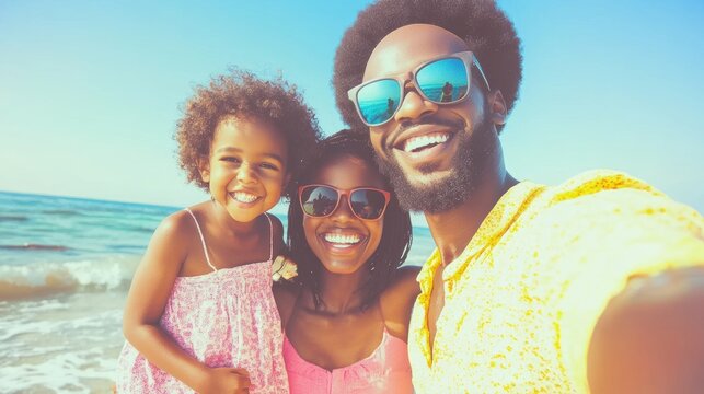 A cheerful family poses together for a selfie, capturing the warm sunset and beach waves, radiating happiness and love