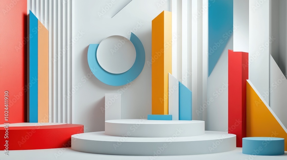 Aufkleber 3D rendering of an abstract composition featuring geometric shapes on a white background designed for product presentation or mockup Minimalistic design with ample empty space and a colorful platf