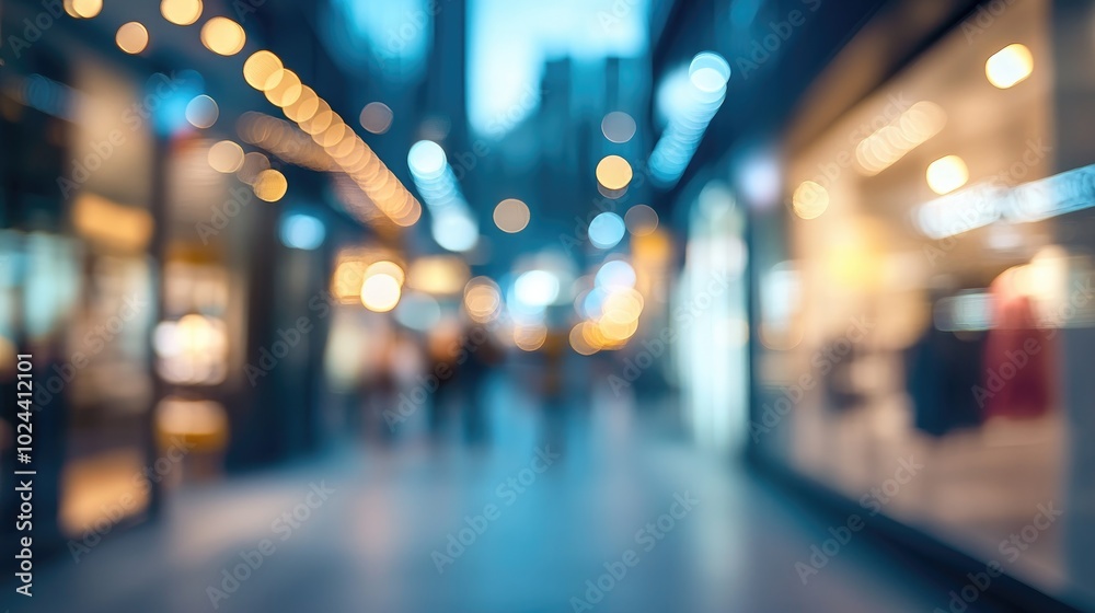 Aufkleber Blurred View of a Street with Modern Architecture Sidewalks and Trendy Pedestrians Suitable as a Background Image Out of Focus Night Scene in an Urban Environment