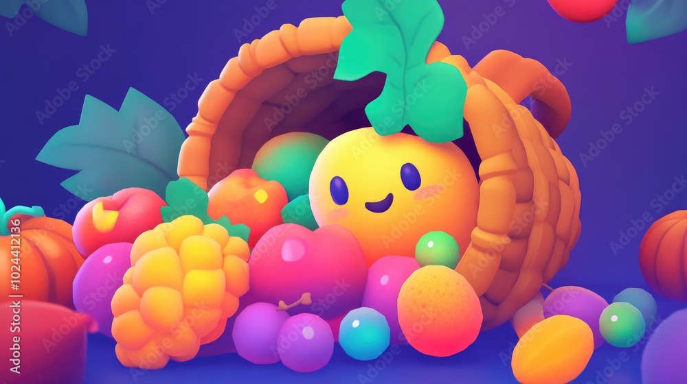 Poster close up of a cornucopia filled with an assortment of fruits and vegetables