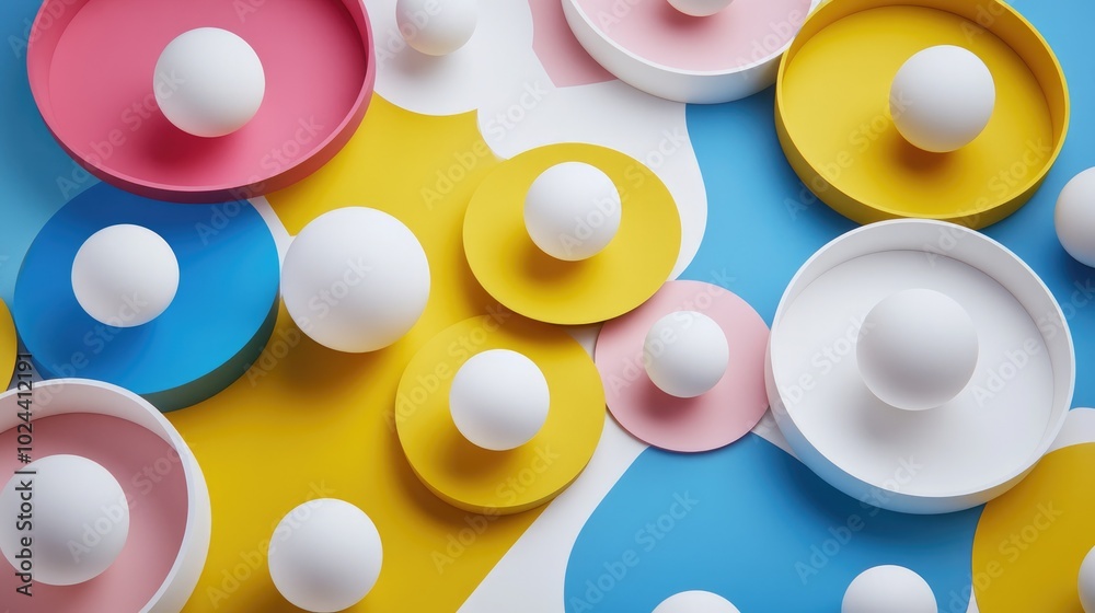 Poster collection of 3d circle pedestals in yellow blue pink and white viewed from above featuring a dynami