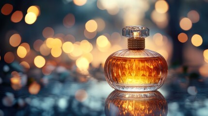 A close-up of a glass perfume bottle with a golden cap, sitting on a reflective surface with a bokeh background of golden lights.