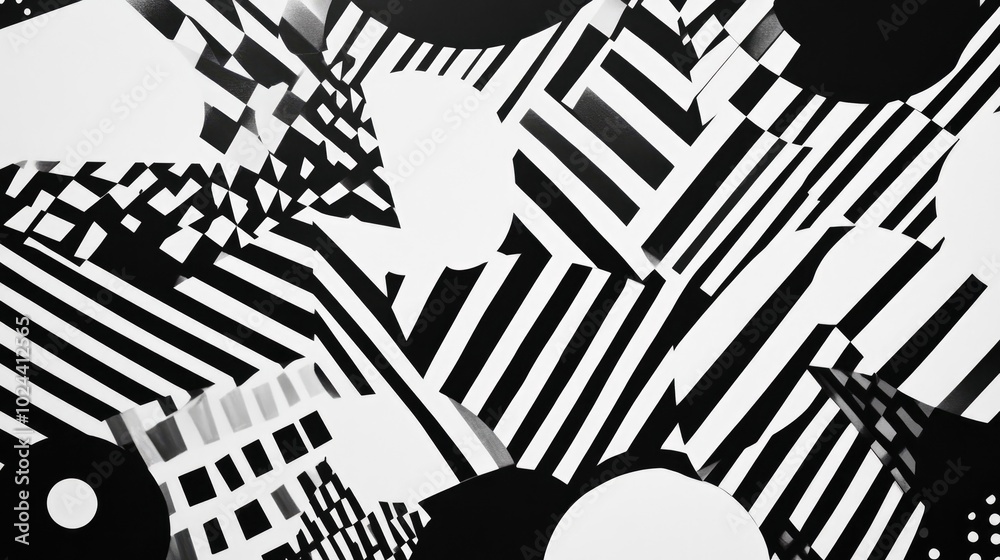 Poster black and white artwork featuring geometric designs and patterns