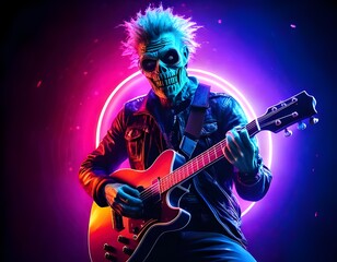 Undead rock star playing electric guitar under neon lights