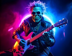 Obraz premium Skeleton rocker playing electric guitar on halloween party
