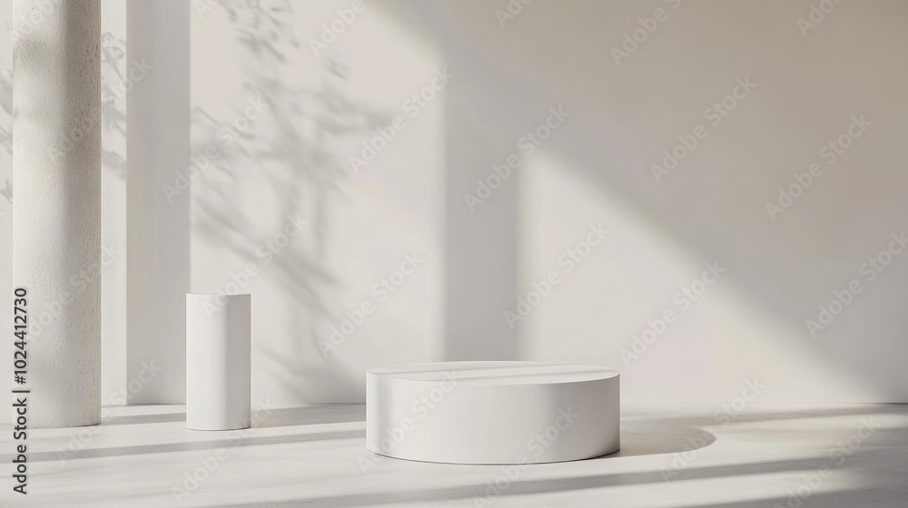 Aufkleber Abstract 3D realistic white background featuring a cylinder pedestal in a minimalistic scene for product display presentation 3D rendering illustration