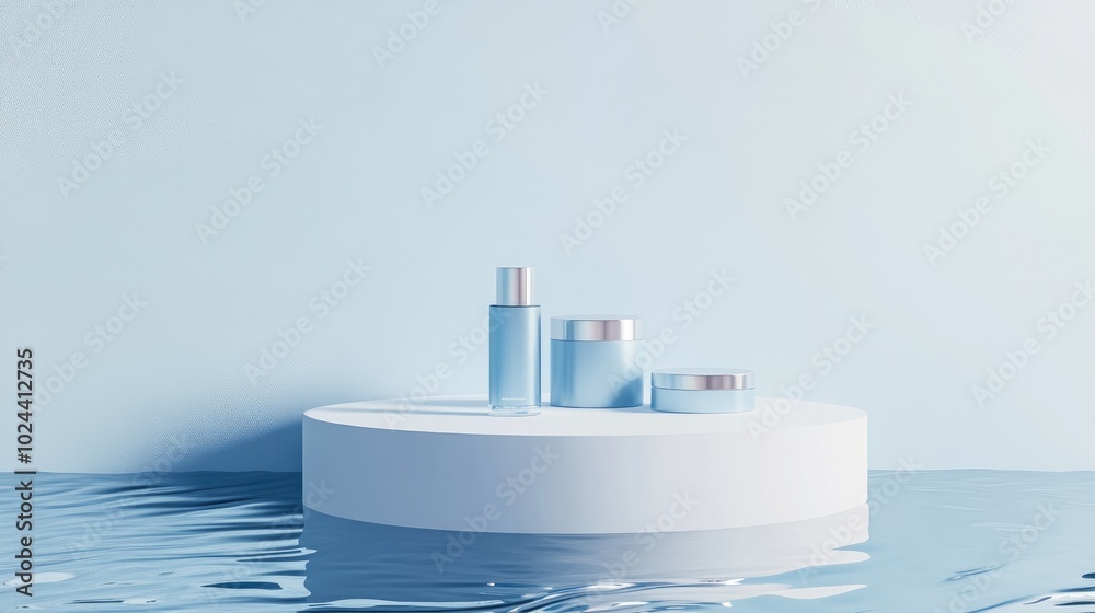 Poster blue podium featuring a cosmetic product display stand with a reflective water backdrop 3d rendering