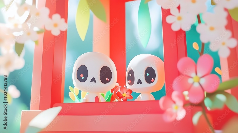 Aufkleber blurred tiny skulls surrounded by a colorful wooden frame and wrightia religiosa blooms
