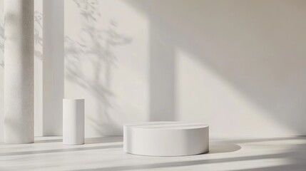 Abstract 3D realistic white background featuring a cylinder pedestal in a minimalistic scene for product display presentation 3D rendering illustration