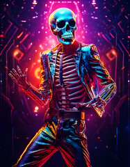 Skeleton wearing shiny suit dancing on stage for halloween