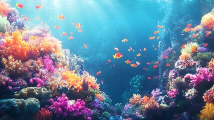 A colorful coral reef teeming with life.