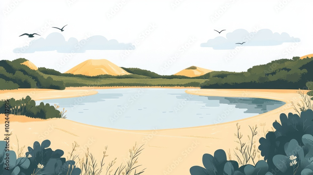 Poster beautiful flat design of a natural landscape featuring a tranquil lake nestled between sandy shores 